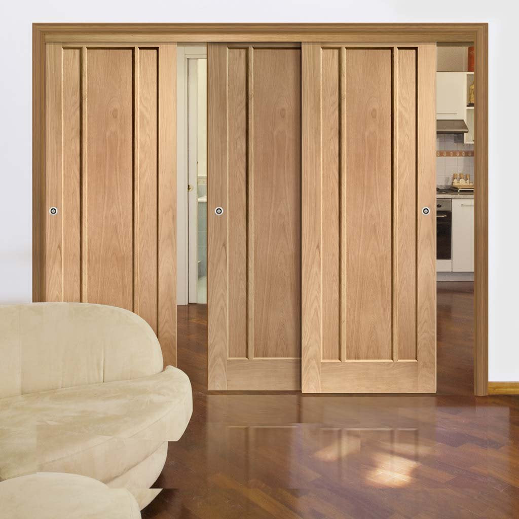 Three Sliding Doors and Frame Kit - Worcester Oak 3 Panel Door - Unfinished