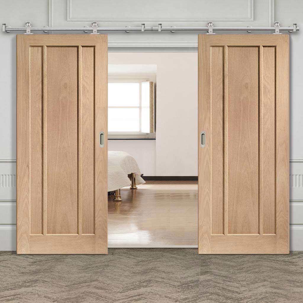 Sirius Tubular Stainless Steel Sliding Track & Worcester Oak 3 Panel Double Door - Unfinished