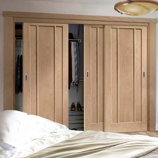 Image: Three Sliding Wardrobe Doors & Frame Kit - Worcester Oak 3 Panel Door - Prefinished