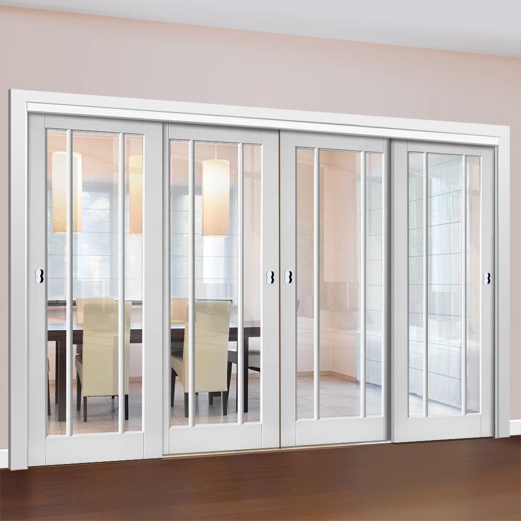 Bespoke Thruslide Worcester 3L - 4 Sliding Doors and Frame Kit - Clear Safety Glass - White Primed